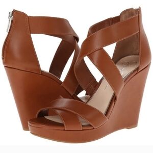 Jessica Simpson "Jadyn" Wedge Cross Strap Heels In Cognac "Luggage"